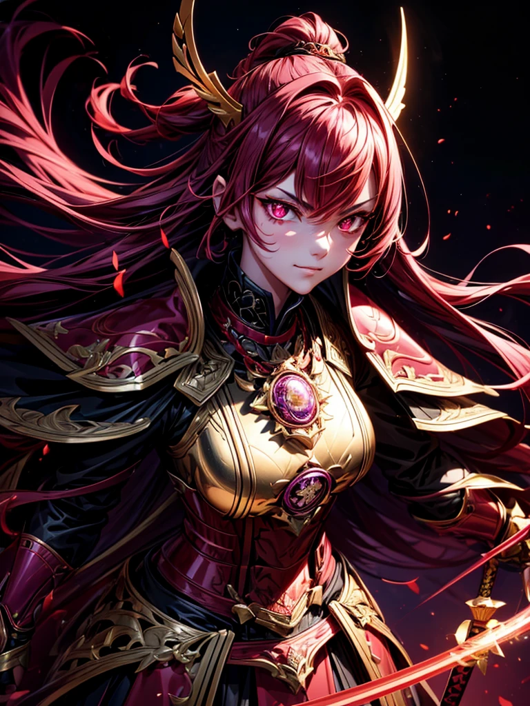 best quality,4K,high resolution),Ultradetailliert,realistisch,portrait, Lila Samurai Sukkubus mit einen katana dunkelrotem Haar, a purple-dark red armor with gold neon lights with gold trim and glowing red eyes, Leuchtende Farben, delicate features, seductive glance, Charming smile, wallende Haare, sanfte Beleuchtung