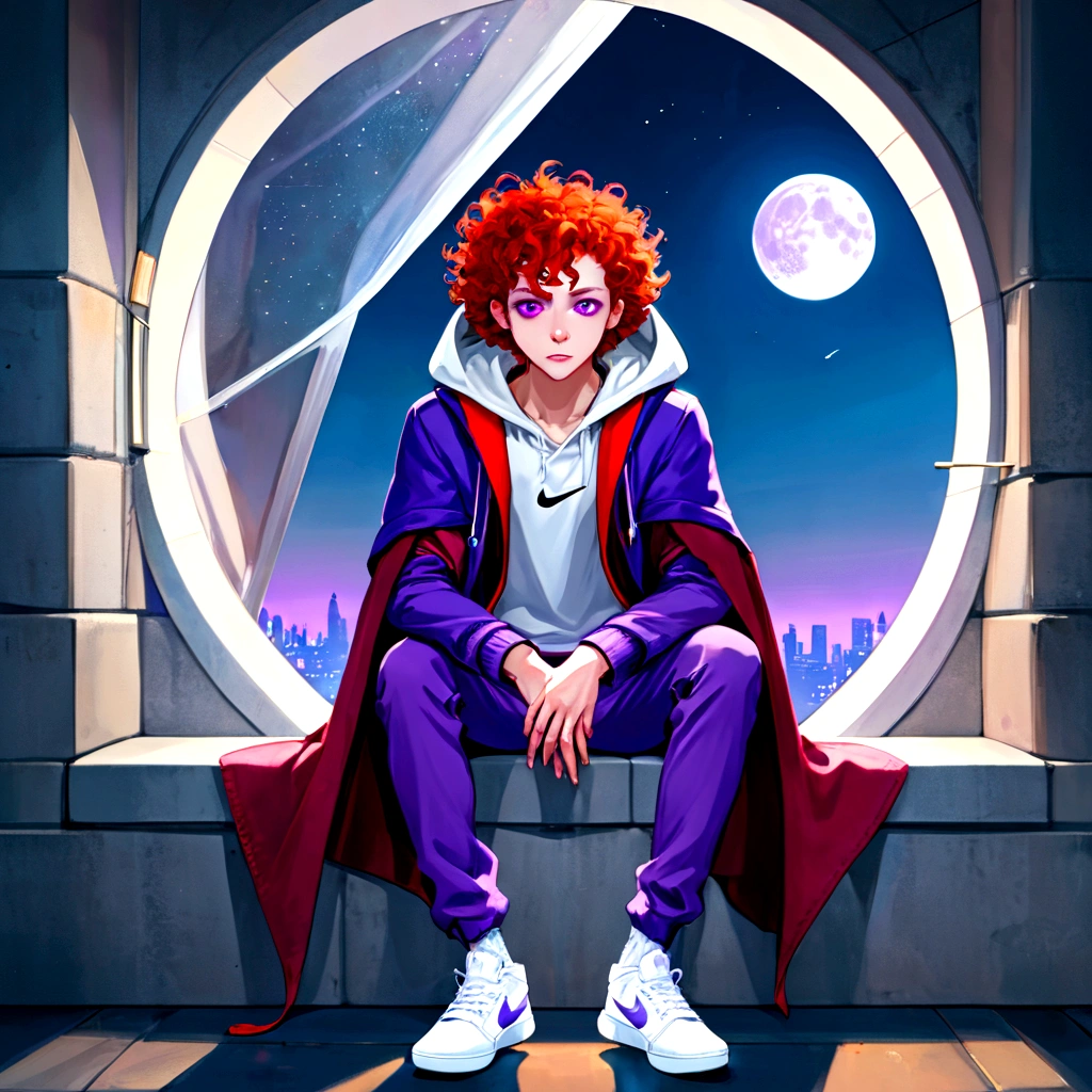 ((whole body)), ((  boy ,male gender)),(( vampire race )), ((red curly hair with a hood on her head)), ((masculine face)),((eyeballs )),((purple hooded coat )),((purple pants )),((white nike shoes)) sitting on the sofa looking out his giant window at the full moon