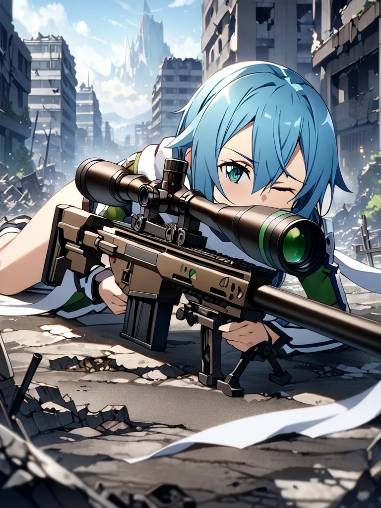 (chef-d&#39;œuvre),(la plus haute qualité),(haute résolution),(très détaillé),Une femme,Japonais, Kirito de Sword Art Online, Cheveux bleus, écharpe blanche, ,tout le corps,casser(((黒いFusil de sniperで何かを狙う))),((Fermez un œil et regardez à travers la lunette))(allongé),((Fusil de sniper)),(L&#39;arrière-plan est une ville détruite),(((Flou d&#39;arrière-plan)))