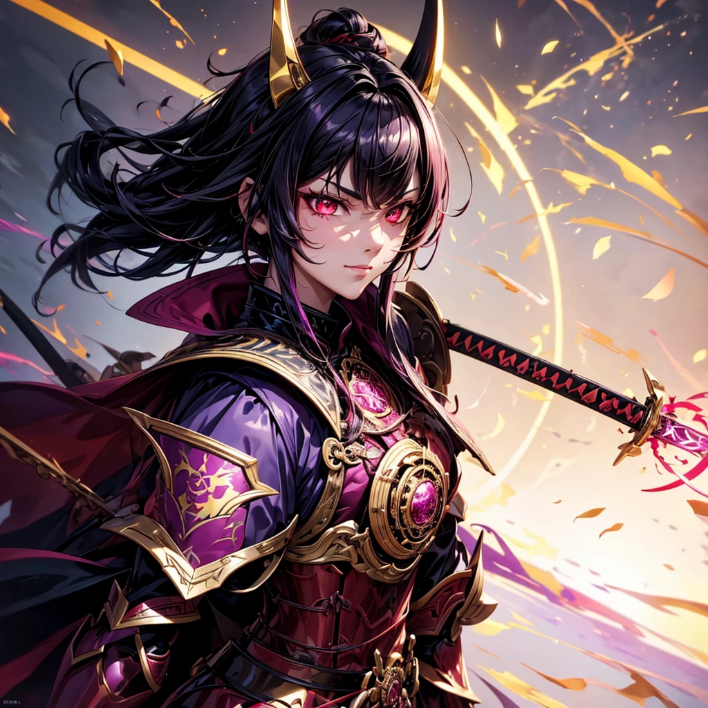 best quality,4K,high resolution),Ultradetailliert,realistisch,portrait, Lila Samurai Sukkubus mit einen katana dunkelrotem Haar, a purple-dark red armor with gold neon lights with gold trim and glowing red eyes, Leuchtende Farben, delicate features, seductive glance, Charming smile, wallende Haare, sanfte Beleuchtung