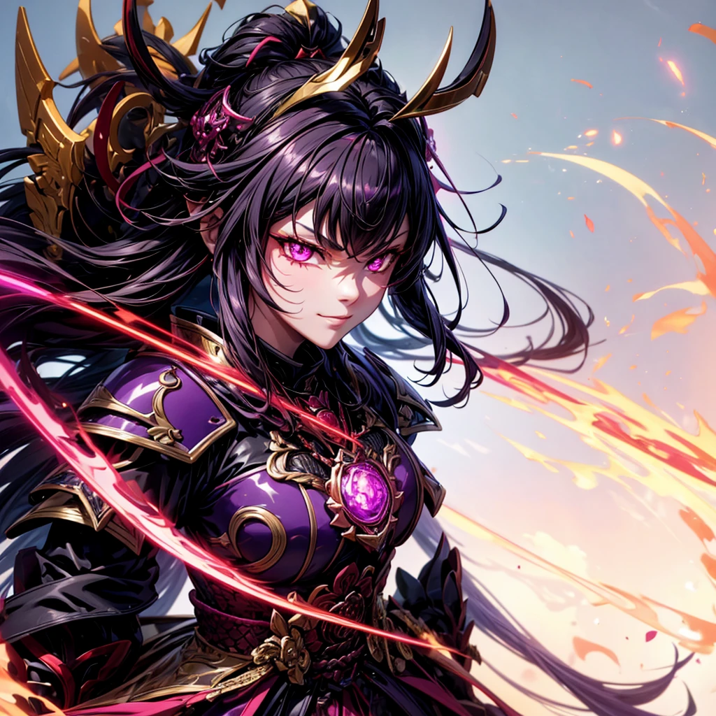 best quality,4K,high resolution),Ultradetailliert,realistisch,portrait, Lila Samurai Sukkubus mit einen katana dunkelrotem Haar, a purple-dark red armor with gold neon lights with gold trim and glowing red eyes, Leuchtende Farben, delicate features, seductive glance, Charming smile, wallende Haare, sanfte Beleuchtung