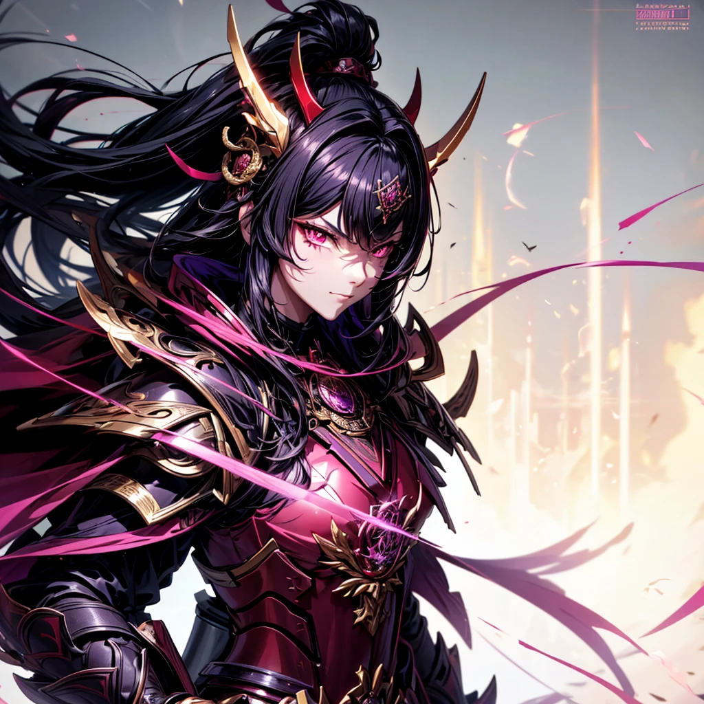 best quality,4K,high resolution),Ultradetailliert,realistisch,portrait, Lila Samurai Sukkubus mit einen katana dunkelrotem Haar, a purple-dark red armor with gold neon lights with gold trim and glowing red eyes, Leuchtende Farben, delicate features, seductive glance, Charming smile, wallende Haare, sanfte Beleuchtung