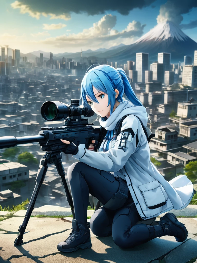 (obra maestra),(de la máxima calidad),(Alta resolución),(Muy detallado),Una mujer,japonés, Chinon de Sword Art Online, pelo azul, Bufanda blanca, ,todo el cuerpo,break(((黒いrifle de francotiradorで何かを狙う))),((Cierra un ojo y mira a través del telescopio.))(acostada),((rifle de francotirador)),(El fondo es una ciudad destruida.),(((Desenfoque de fondo)))