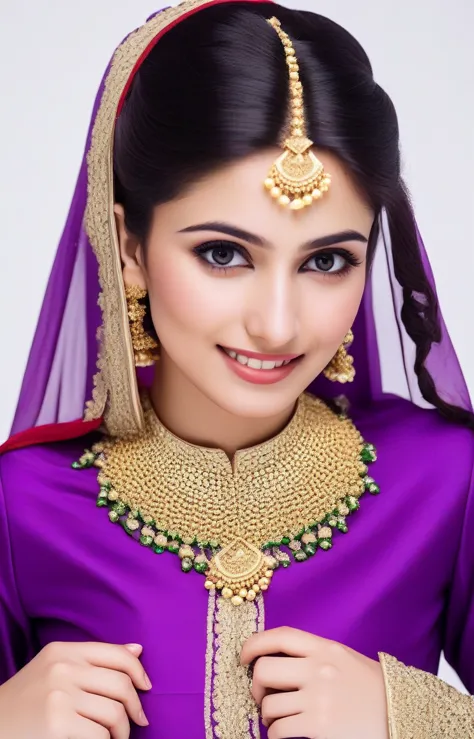 attractive photos of the 25-year-old_old decimal woman, studio quality, wearing a purple pakistani dress, canon 5d, realistic sk...