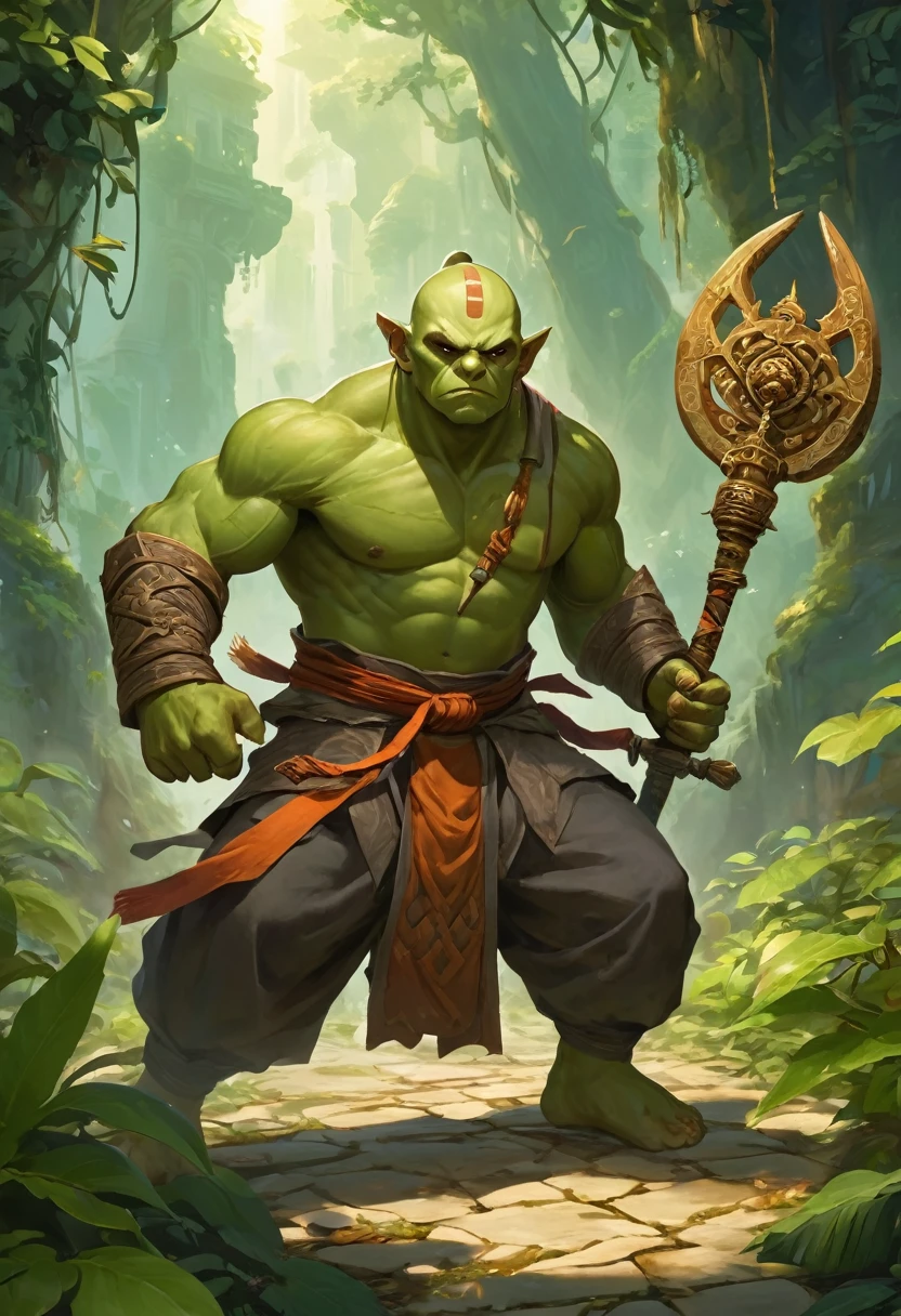 Half-orc monk, muscular build, greenish skin, round face, samurai bun, blue-gray eyes, prominent lower canines. He wears simple white monk robes that cover his chest and holds a massive staff resembling a ship's mast. Pose: The monk is in a dynamic, combat-ready stance, focusing his mind and body for a powerful attack. Background: Dense, jungle vegetation with sunlight filtering through the leaves. Vines and roots entangle the ground, creating a maze-like environment. Enemy: A gelatinous cube, oozing and pulsating at the center of the maze. Additional details: Include a small, wrinkled figure (The Mentor) with a round face and greenish skin observing the fight from the shadows behind the monk. The mentor holds a small, curved weapon (shōbu) and adjusts his grip, seemingly ready to intervene if necessary. Suggest a mystical ruin hidden deep within the jungle, perhaps through ancient carvings or crumbling structures in the background. Avoid: The previous message about the ancestor and the barrage of strikes. This prompt focuses on the half-orc monk, his combat stance, and the specific details of the staff and environment. It also includes The Mentor and hints at the backstory without cluttering the scene