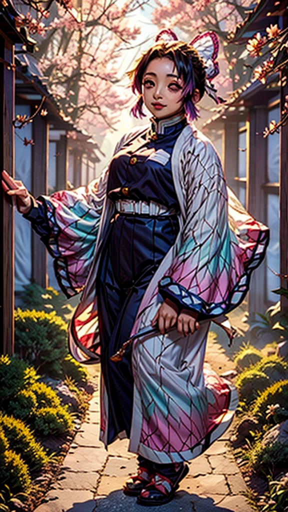 Shinobu kocho from demon slayer, wearing jacket, standing cherry blossom garden, full body capture, gorgeous meaningful 