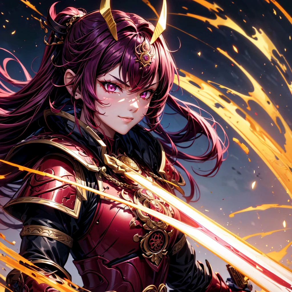 best quality,4K,high resolution),Ultradetailliert,realistisch,portrait, Lila Samurai Sukkubus mit einen katana dunkelrotem Haar, a purple-dark red armor with gold neon lights with gold trim and glowing red eyes, Leuchtende Farben, delicate features, seductive glance, Charming smile, wallende Haare, sanfte Beleuchtung