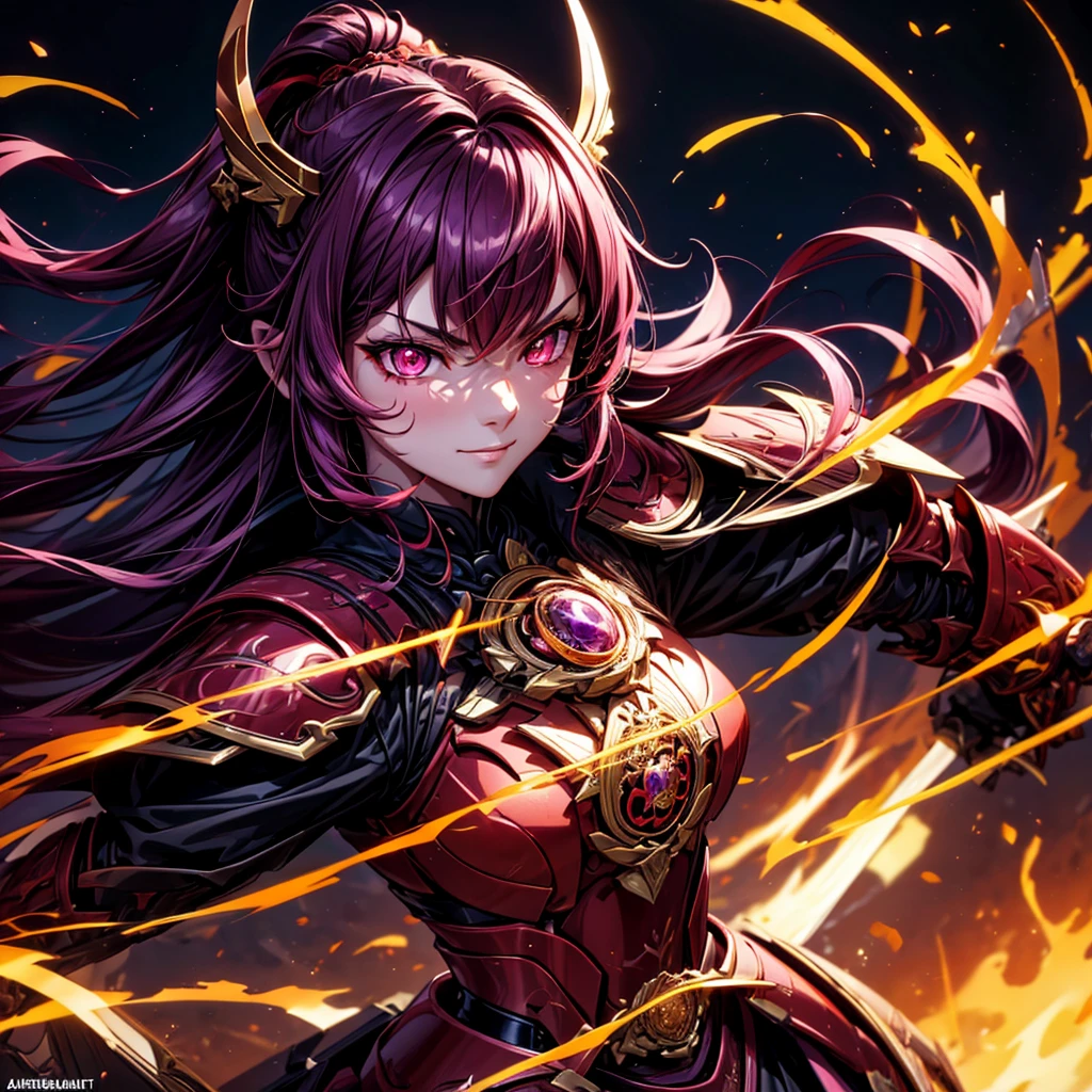 best quality,4K,high resolution),Ultradetailliert,realistisch,portrait, Lila Samurai Sukkubus mit einen katana dunkelrotem Haar, a purple-dark red armor with gold neon lights with gold trim and glowing red eyes, Leuchtende Farben, delicate features, seductive glance, Charming smile, wallende Haare, sanfte Beleuchtung