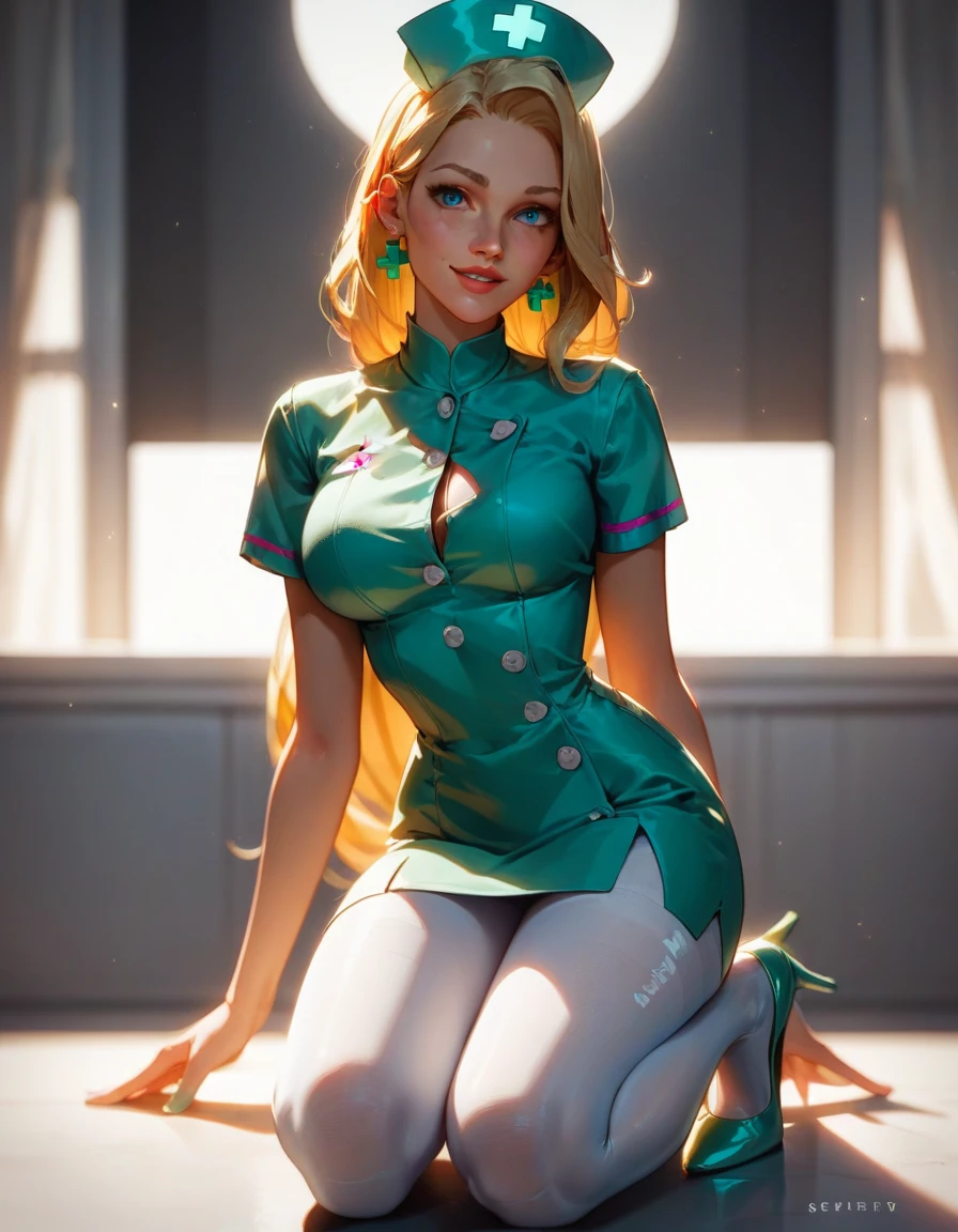 score_9, score_8_up, score_7_up, source_cartoon, looking at viewer, hourglass figure, face focus, 1 girl, solo girl, pretty face, cute girl, large breasts, blond hair, long hair low tied, blue eyes, infirmary kneeling, whole body shot, kind smile, parted lips, hud_nrse_vintg, white nurse cap, white pantyhose, mint green dress, white buttons, short sleeves, jewelry, earrings, breasts, mint green high heels,