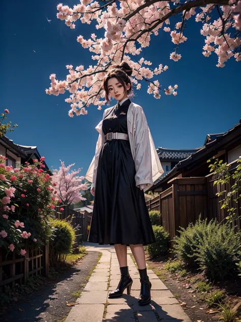 Shinobu kocho from demon slayer, wearing black jacket, standing cherry blossom garden, full body capture, gorgeous meaningful , ...