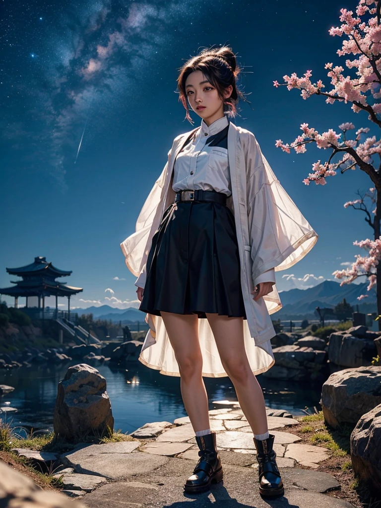 Shinobu kocho from demon slayer, wearing black jacket, standing cherry blossom garden, full body capture, gorgeous meaningful , night time, galaxy sky, high quality picture 