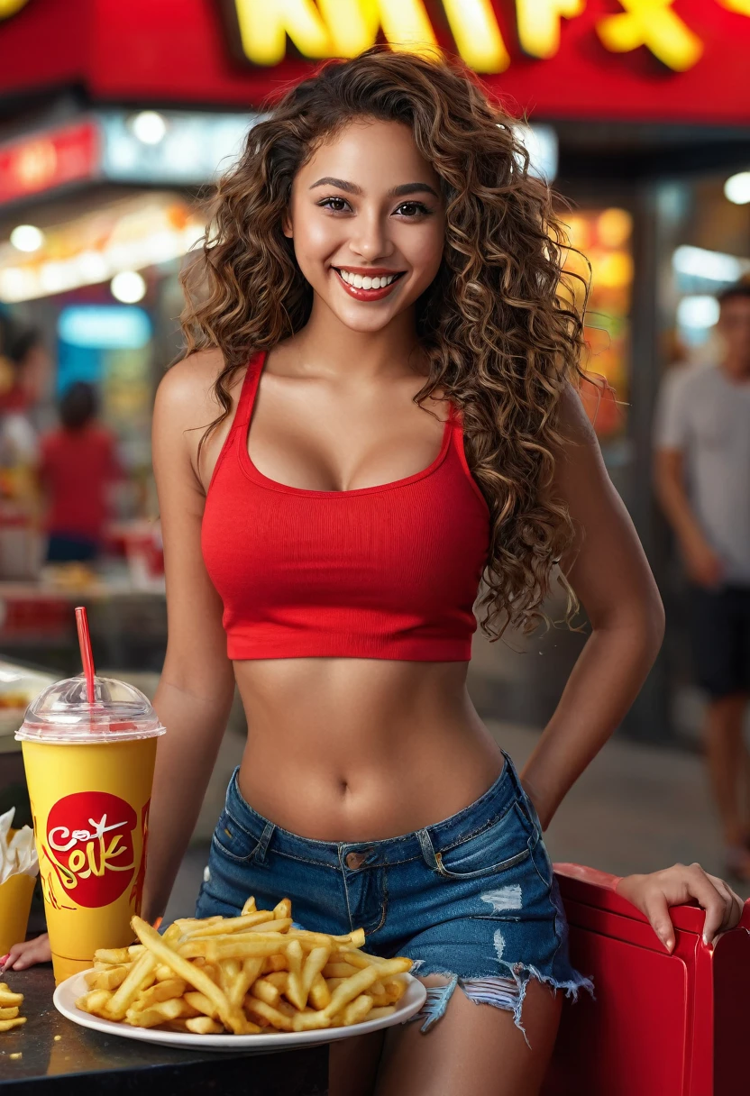 8k,beautiful mixed girl, long wavy hair, extremely detailed sexy, Light smile, beautiful detailed eyes, big butt, beautiful chest, smile,  Red sexy tank top, red mini skirt, night, vibrant colors, Macdonald, fast food, eat fries,  (best quality,4k,8k,highres,masterpiece:1.2),ultra-detailed,(realistic,photorealistic,photo-realistic:1.37),portrait,landscape