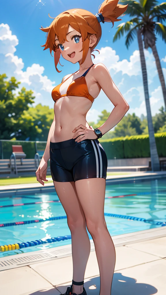 1 girl, masterpiece, best quality, highres, ro1, Misty from pokemon, hair bun, blue eyes, bikini top, blue bicycle shorts, small ponytail on the side, wristwatch, standing, hand on hip, smile, open mouth, (sparkle:1.1), orange hair, medium breasts, 3/4 body view, outdoors, swimming pool