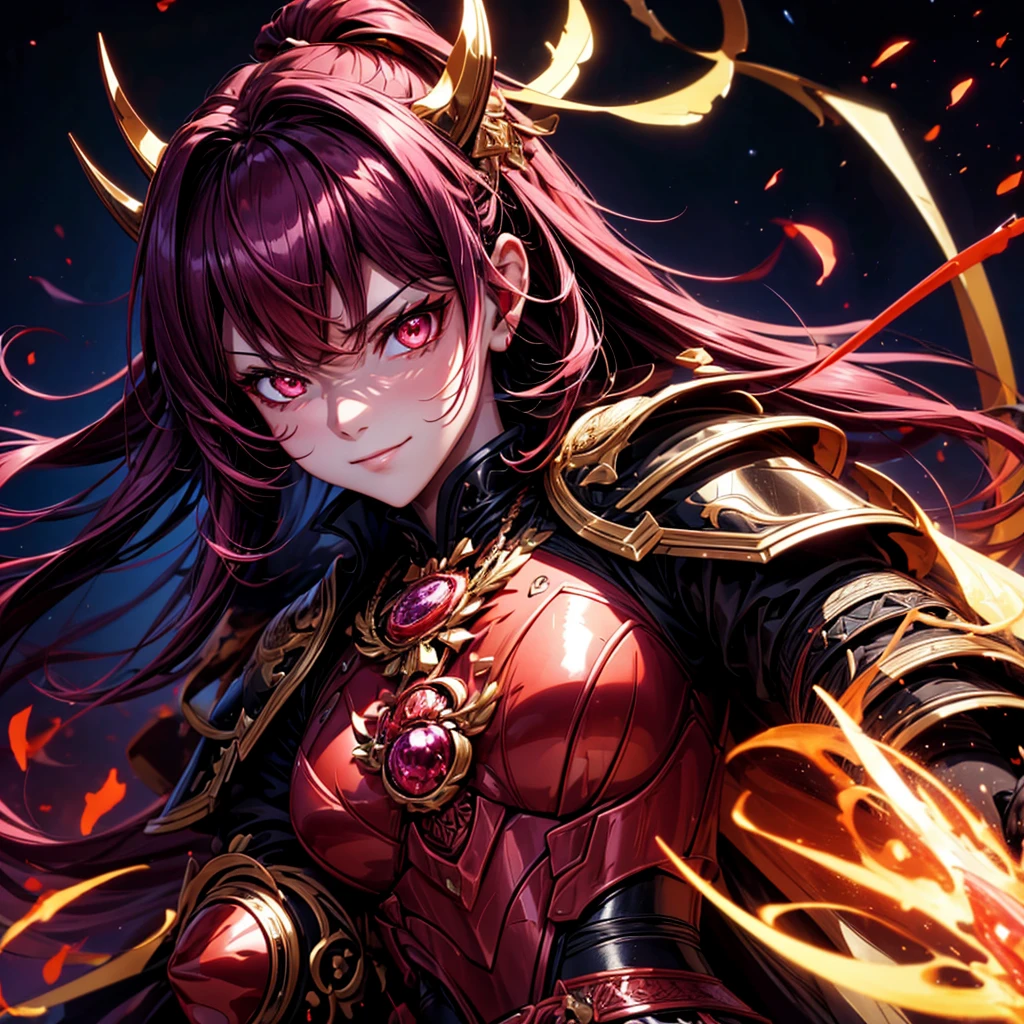 best quality,4K,high resolution),Ultradetailliert,realistisch,portrait, Lila Samurai Sukkubus mit einen katana dunkelrotem Haar, a purple-dark red armor with gold neon lights with gold trim and glowing red eyes, Leuchtende Farben, delicate features, seductive glance, Charming smile, wallende Haare, sanfte Beleuchtung