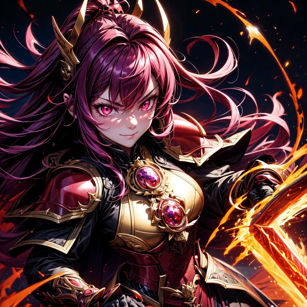 best quality,4K,high resolution),Ultradetailliert,realistisch,portrait, Lila Samurai Sukkubus mit einen katana dunkelrotem Haar, a purple-dark red armor with gold neon lights with gold trim and glowing red eyes, Leuchtende Farben, delicate features, seductive glance, Charming smile, wallende Haare, sanfte Beleuchtung