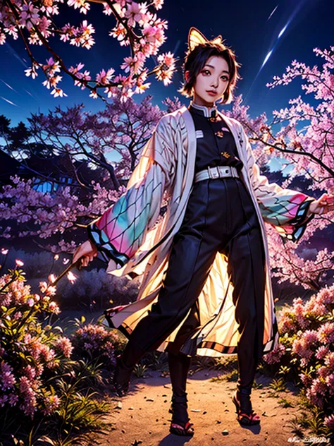 shinobu kocho from demon slayer, wearing black jacket, standing cherry blossom garden, full body capture, gorgeous meaningful , ...