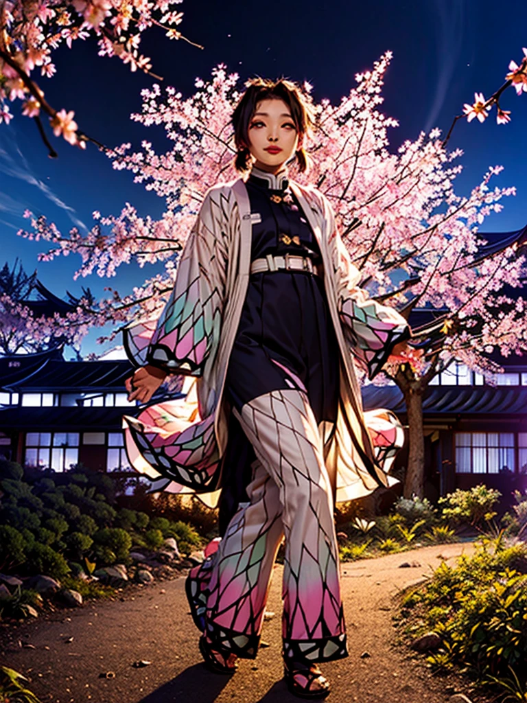 Shinobu kocho from demon slayer, wearing black jacket, standing cherry blossom garden, full body capture, gorgeous meaningful , night time, galaxy sky, high quality picture 