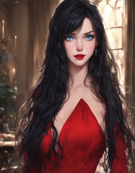 laura,red lips,blue eyes,long black hair,
red dress,
upper body,solo,standing,smile,close,
night,large mansion,
(insanely detail...