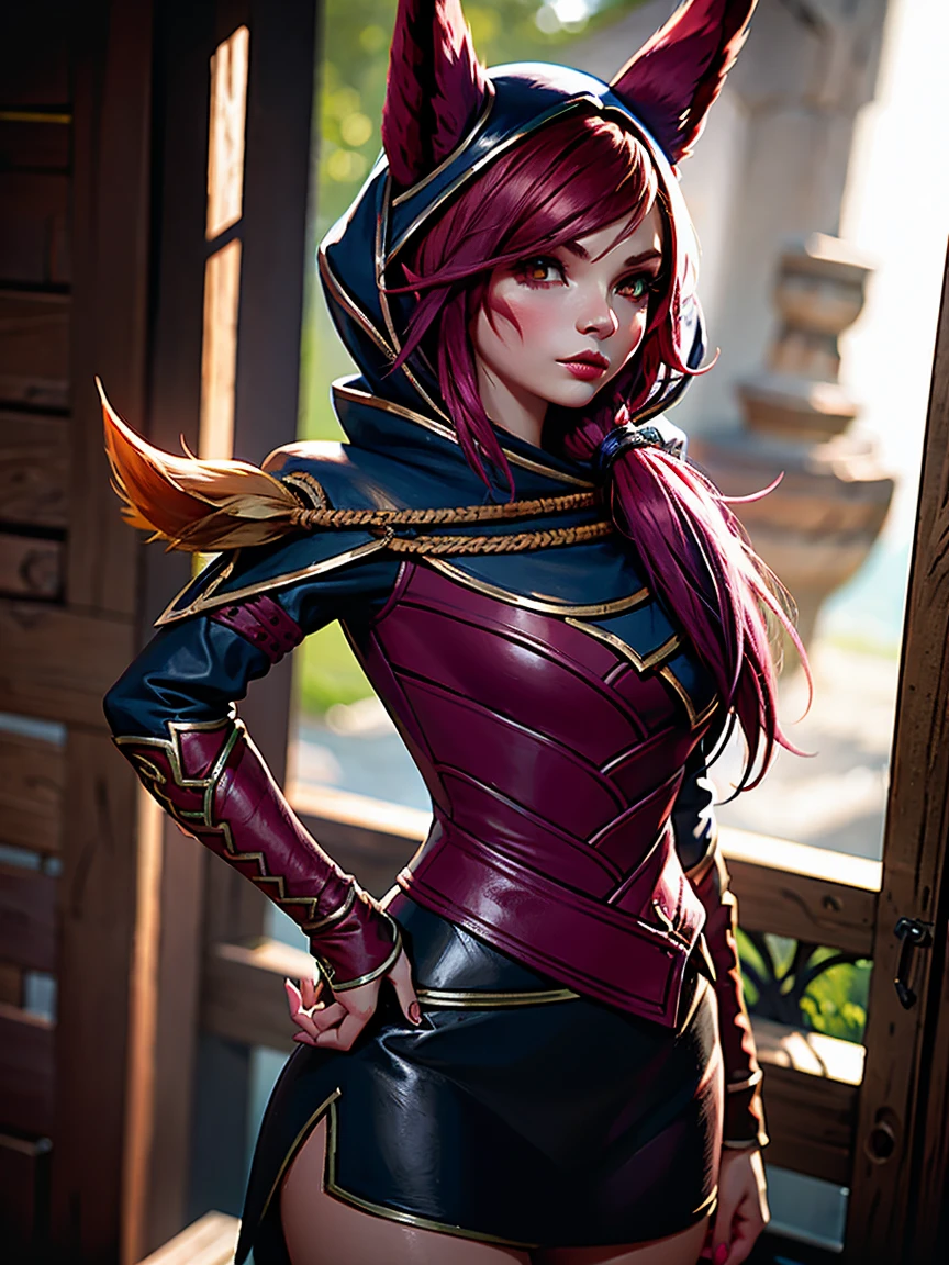 1 girl, 3d, afterimage, rote Haar, breasts, pull clothes, Animal ears, (xayah Hoodie), (xayah Cape), Cowboy-shot, contrasting sleeves, looking down at viewer, Head out of frame, xayah (League of Legends), lips, Long hair, medium breasts, alone, tight attire, tight Hose