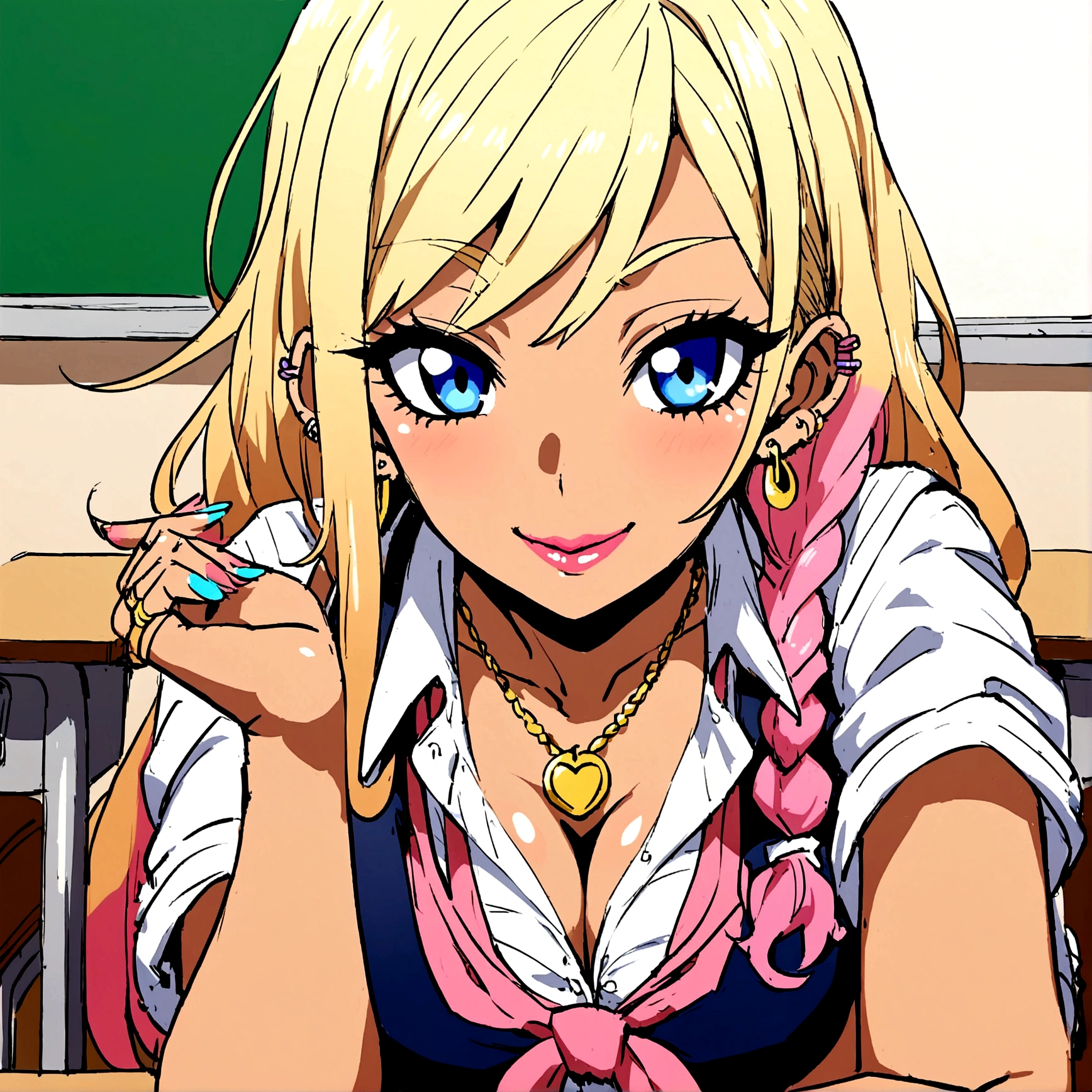 Anime school girl, gyaru, beautiful girl, seductive smile, classroom -  SeaArt AI