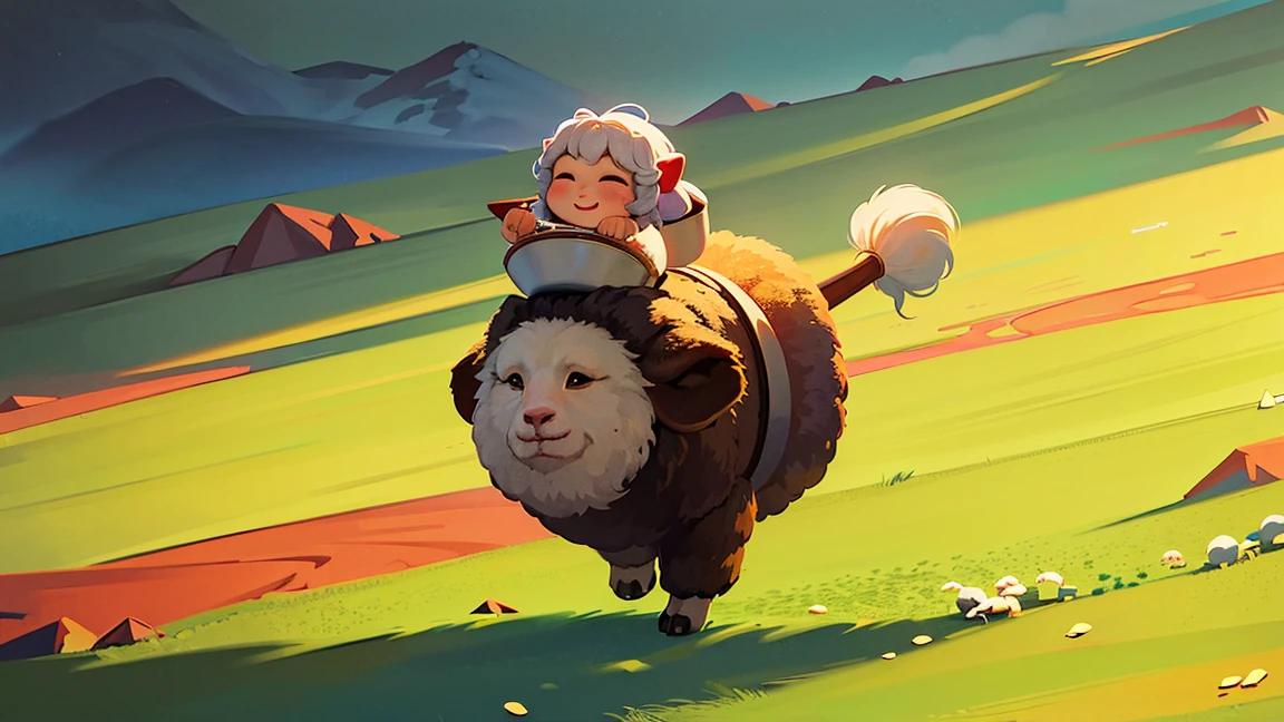 A Mongolian girl，Happily carrying a plate of beef with sauce，Sheep，flock，Sauce，grass field