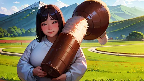 a mongolian girl，happily carrying a plate of beef with sauce，sheep，flock，sauce，grass field