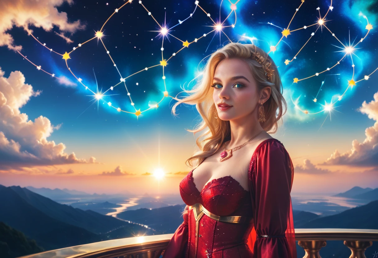 a portrait of an astrologer looking at libra constellation in the night sky, an extraordinary beautiful woman, there is magic in her eyes divining the future from the Libra constellation, dynamic hair color, dynamic hair style, wearing an intricate red dress decorated with glowing stars, she looks to the night sky seeing the ((Libra constellation in the sky: 1.5)), vibrant, Ultra-high resolution, High Contrast, (masterpiece:1.5), highest quality, Best aesthetics), best details, best quality, highres, 16k, [ultra detailed], masterpiece, best quality, (extremely detailed), Cinematic Hollywood Film, magical sky, FireMagicAI, dark novel