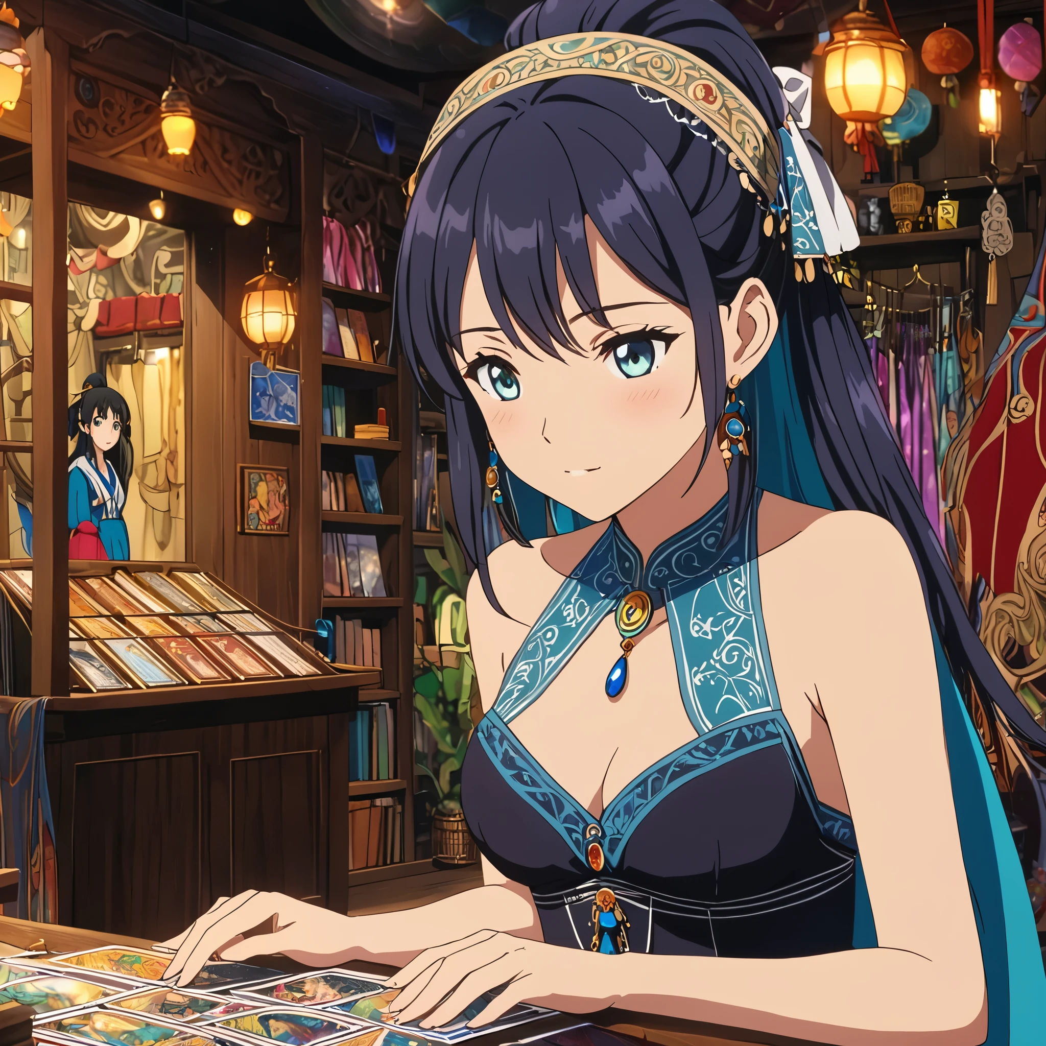 (masterpiece, best quaility, high detail, beautiful and delicated eyes and face, vivid colors:1.2), An astrologer reading fortune with tarot cards,1girl, 独奏, dress, anime, Girl, lingerie, anime screencap, ass pov, the background is the interior of a gypsy store