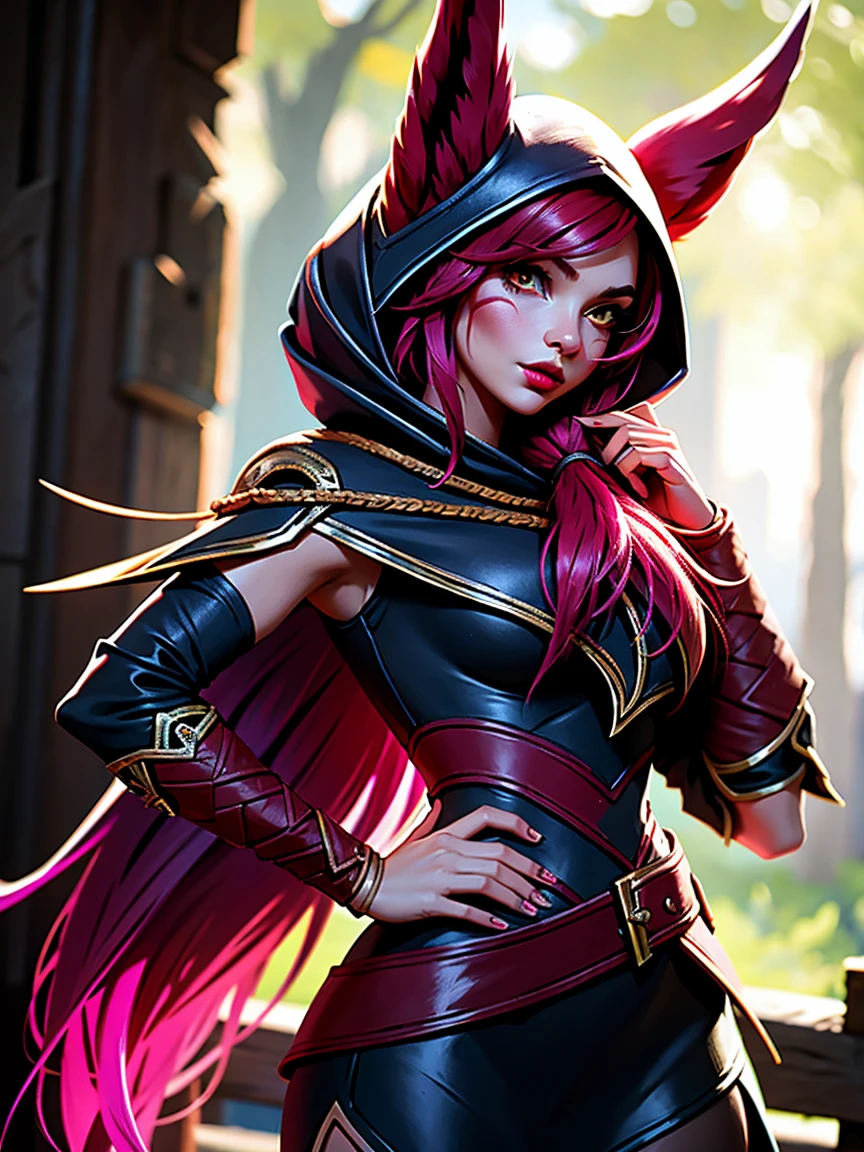 1 girl, 3d, afterimage, rote Haar, breasts, pull clothes, Animal ears, (xayah Hoodie), (xayah Cape), Cowboy-shot, contrasting sleeves, looking down at viewer, Head out of frame, xayah (League of Legends), lips, Long hair, medium breasts, alone, tight attire, tight Hose