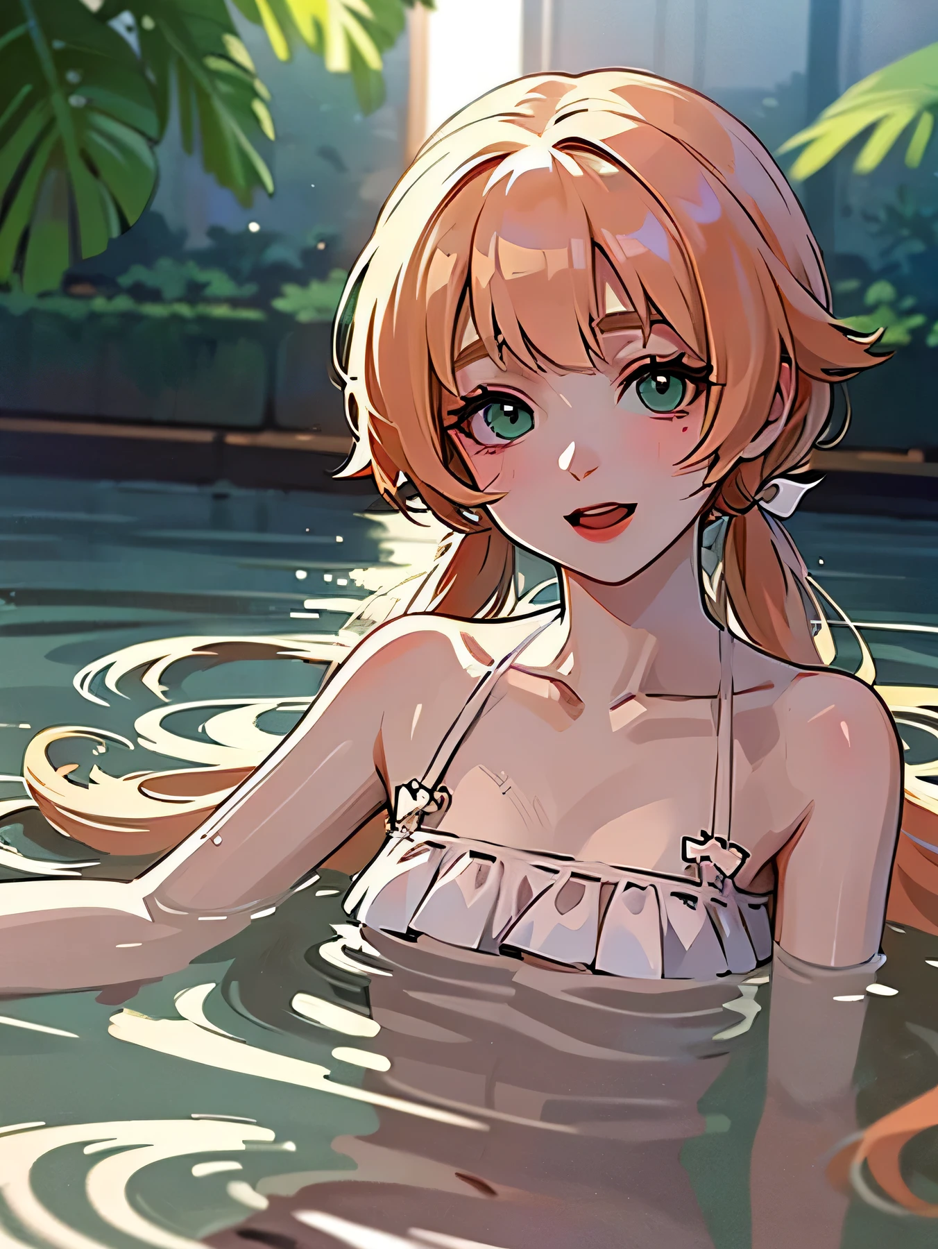 (high quality) (best quality) (a woman) (correct physiognomy) (perfect students) (perfect eyes) anime woman, long fluffy deep orange hair, green eyes, sensitive lips, feminine appearance, soft facial features, eyebrows thin, soft skin, rosy cheeks, pink lips, silky eyelashes, dreamy expression, middle age, in a pond of water in the middle of nature, cute anime animation style, photo illuminated by sunlight,