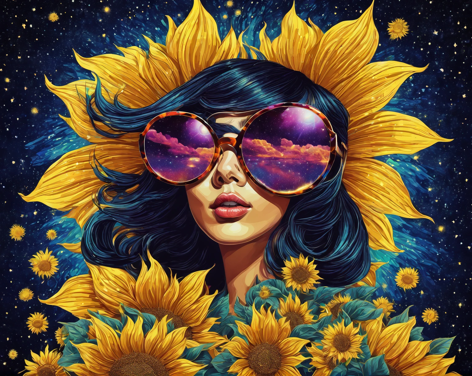 Es gibt eine Frau mit Sonnenbrille und einer Sonnenblume vor einem sternenklaren Himmel, im Stil der digitalen Illustration, Atemberaubender Kunststil, psychedelische Abbildung, schöne Retro-Kunst, retro psychedelische Abbildung, Pop-Surrealismus-Kunststil, bunte Abbildung, inspiriert von Yuko Shimizu, Pop-Art-Surrealismus, fabelhafte Illustrationen, Im Stil von Cyril Rolando, psychedelischer Kunststil