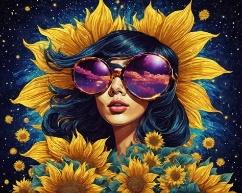 there is a woman with sunglasses and a sunflower in front of a starry sky, in style of digital illustration, stunning art style,...