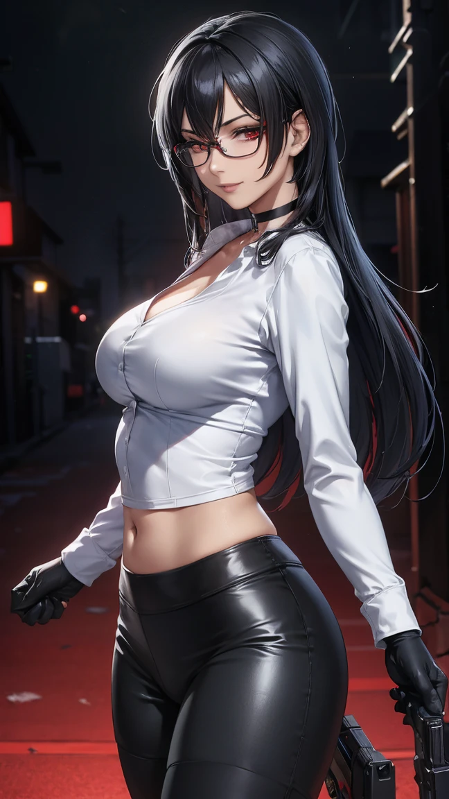 1 woman, standing, with seductive expression, loving smile, view from front, detailed eyes, pose sexy, big breasts, long black hair, his super detailed glowing eyes, Full lips painted red, chiseled physique and wide hips.  glasses, choker:1.6, (long sleeve white collar buttoned shirt), black gloves covering your hands, holding a gun with the right hand, (shiny black leggings), Walking in a dark alley at night, This image oozes realism., capturing the essence of a fragile figure. digital art, photorealistic and high definition technique