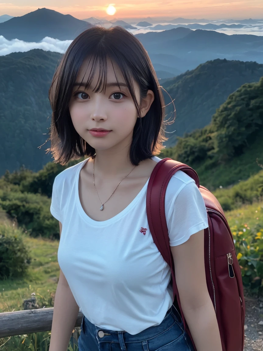 best quality, masterpiece, Ultra-high resolution, (actual:1.3), original photo, (nature photography), (majestic mountain peak, sea of clouds), (on a very broad mountain), (Sunset), (a girl), (Upper Body), (20 years old), (Smile:0.9), (shiny skin), (short hair, Dark brown hair), (White T-shirt), (Casual shorts), (Wear a big backpack), (Ultra-detailed face), (Super beautiful poop), (highly detailed eyes), (highly detailed nose), (Very detailed mouth), (Very skilled with hands), (Super detailed body), Sony A7, 85mm lens, f9.0, pan focus
