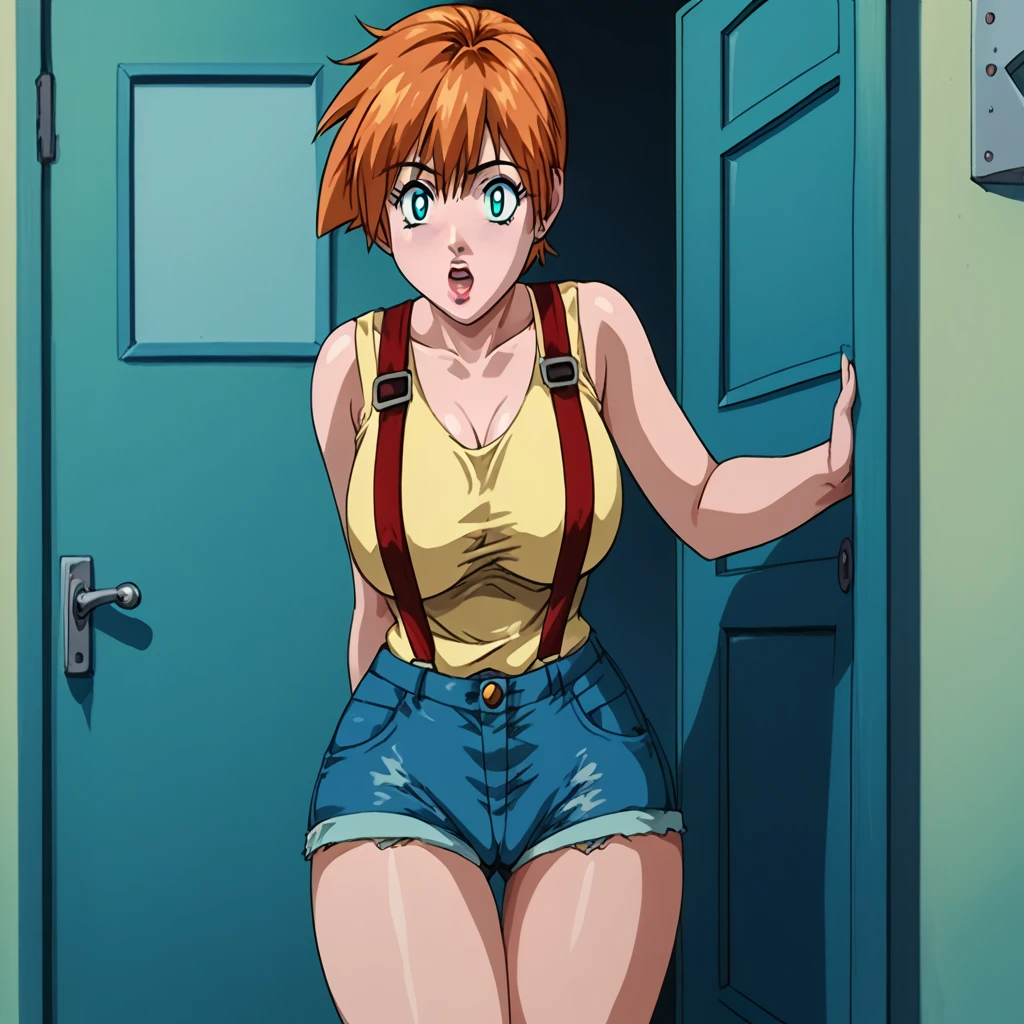 1girl, solo, score_9, score_8_up, source_anime Bibl3, busty shortstack, misty \(pokemon\, orange hair, aqua eyes, white pupils, huge breasts, heavy breasts, breast expansion, full lips, vivid lips, wide hips, thick thighs, yellow tank top, red suspenders, denim shorts, cameltoe, viewed from front, doorway of school office, girl shocked, mesmerized, innocent expression, raised eyebrows, detailed eyes, detailed face, puckered lips,