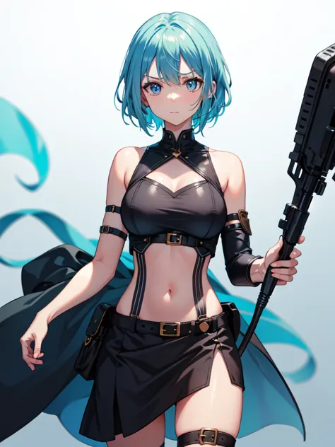 1 girl, light blue hair, light hair hair, sharp eyes, light blue eyes, sleeveless combat dress, bow, serious look, masterpiece, ...