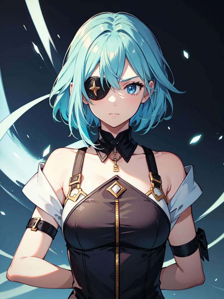 1 girl, light blue hair, light hair hair, sharp eyes, light blue eyes, sleeveless combat dress, bow, serious look, masterpiece, high quality, fantasy eyepatch, unique eyepatch, short hair, short hair, very short hair, unique hair, special hair