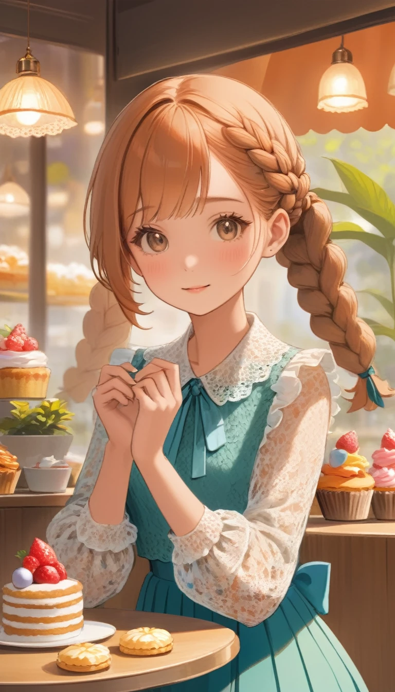 Highest quality、High resolution、Detailed Background、Beautiful Face、Beautiful, smooth skin、Skin Texture、cute10代の美少女、Realistic、Perfect body line、Braided Ponytail、cute髪型、Calm atmosphere、Happy expression、Upper Body、Tea time at the cafe、(Enjoy cakes and sweets while chatting at a cute cafe:1.5)、Choose white or pastel colors for your lace tops and flared skirts...、Sandals or heels、If your lace top is see-through, Wear it with a camisole underneath for an elegant look....、Choose a lace blouse in a soft color、Add some feminine movement with a pleated skirt.Adding lace to the sleeves and collar of the blouse makes it even more cute.、Choose a colorful lace camisole、Add elegance with a midi skirt。、cute、masterpiece:1.5、