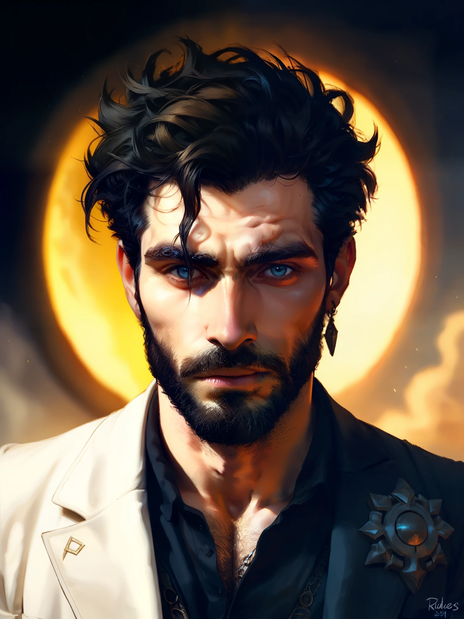 (1man), (solo man), Artwork, best quality, high resolution, Close-up portrait, bad, Greek God, fantasy, league of legends style, beautiful figure painting, bright light, Amazing composition, front view, hdr, volumetric lighting, ultra quality, elegant, highly detailed
