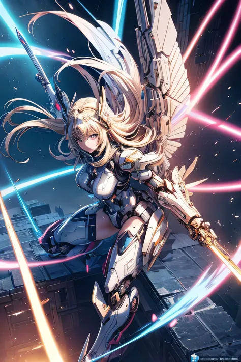 Anime girl with wings and sword in a futuristic setting, Mechanized Valkyrie Girl, Female Action Anime Girl, Anime Style 4k, 2. ...