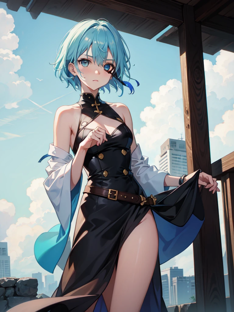 1 girl, light blue hair, light hair hair, sharp eyes, light blue eyes, bow, serious look, masterpiece, high quality, fantasy eyepatch, unique eyepatch, short hair, short hair, very short hair, unique hair, special hair, whit combat clothes