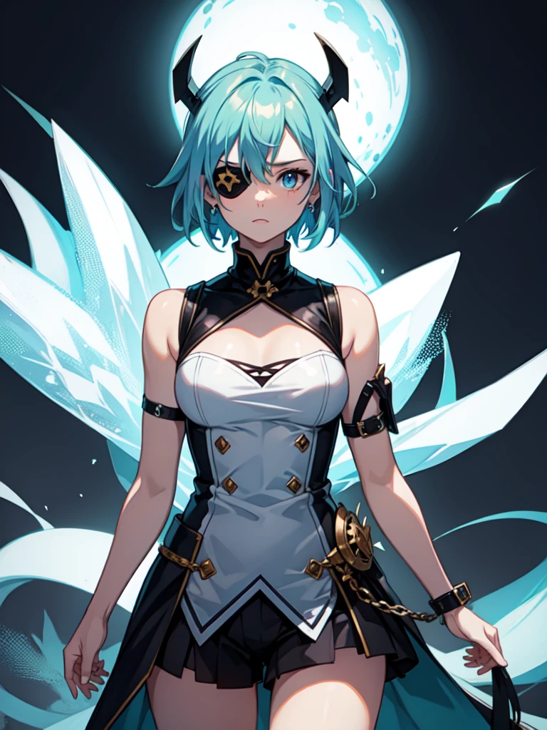 1 girl, light blue hair, light hair hair, sharp eyes, light blue eyes, bow, serious look, masterpiece, high quality, fantasy eyepatch, unique eyepatch, short hair, short hair, very short hair, unique hair, special hair, whit combat clothes