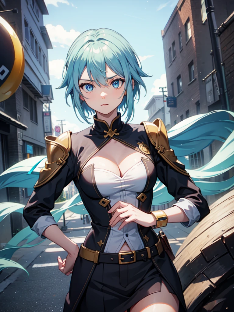 1 girl, light blue hair, light hair hair, sharp eyes, light blue eyes, bow, serious look, masterpiece, high quality, fantasy eyepatch, unique eyepatch, short hair, short hair, very short hair, unique hair, special hair, whit combat clothes