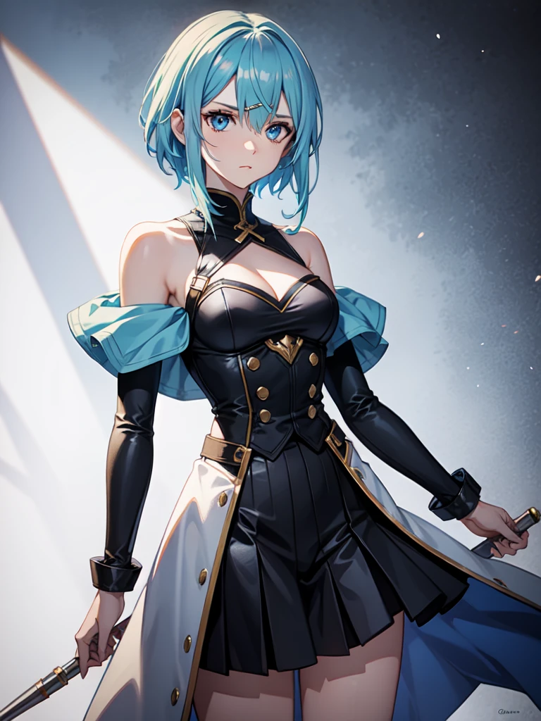 1 girl, light blue hair, light hair hair, sharp eyes, light blue eyes, bow, serious look, masterpiece, high quality, fantasy eyepatch, unique eyepatch, short hair, short hair, very short hair, unique hair, special hair, whit combat clothes