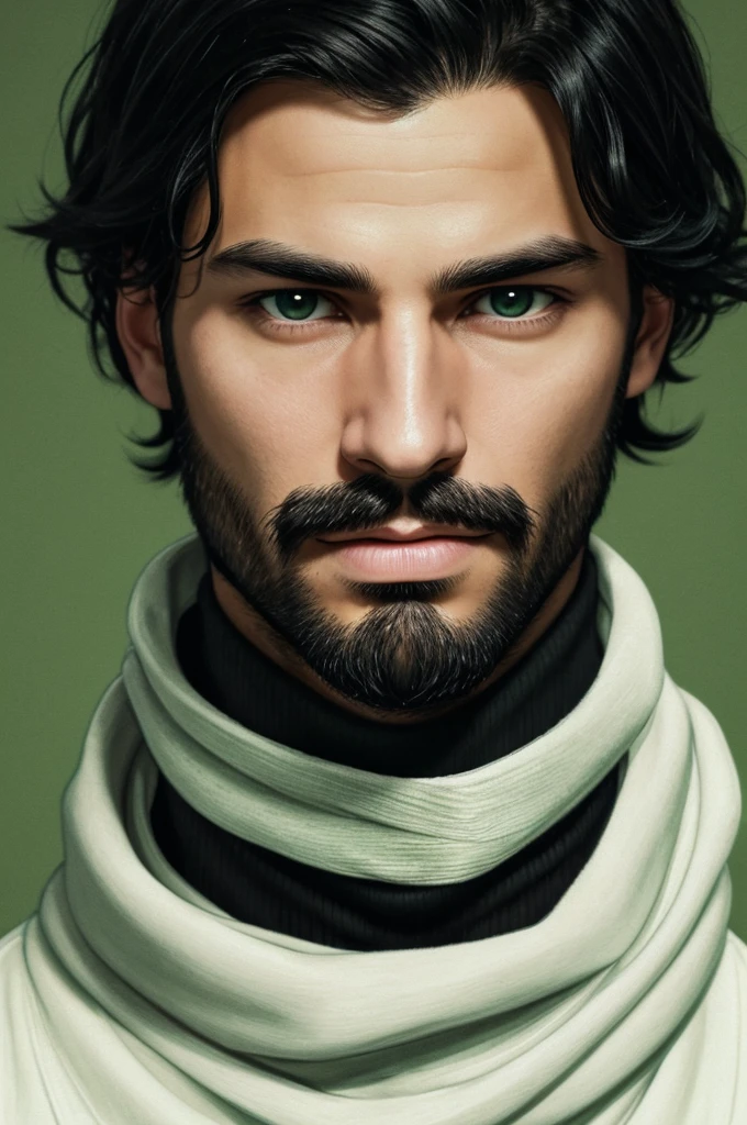 realistic portrait of a young man with shaggy black hair and a thin beard on his chin only. He has a serious expression and is wearing a bandage on his nose.. He wears a white turtleneck and a black coat.. The background is light green with scattered black details.
