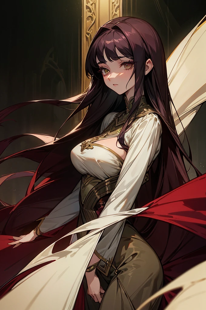 Beautiful adult girl, long straight burgundy hair, narrow green eyes, Long eyelashes, , revealing clothes, big breasts, open bodice, deep neckline, Rich decorations, Dark background, pale picture, a lot of details, atmosphere of villainy, shine, uncertainty, disturbance, tanned skin, fetter