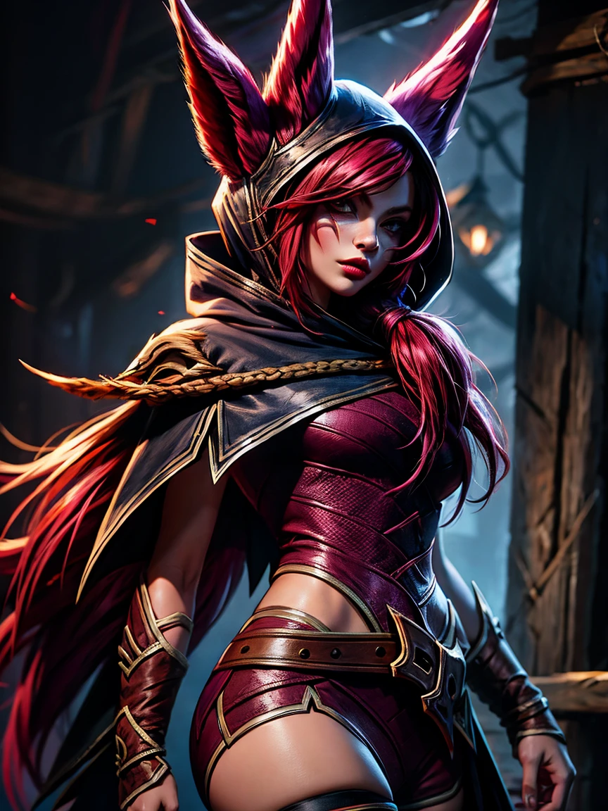 1 girl, afterimage, rote Haar, breasts, pull clothes, Animal ears, (xayah Hoodie), (xayah Cape), Cowboy-shot, contrasting sleeves, looking down at viewer, Head out of frame, xayah (League of Legends), lips, Long hair, medium breasts, alone, tight attire, tight Hose