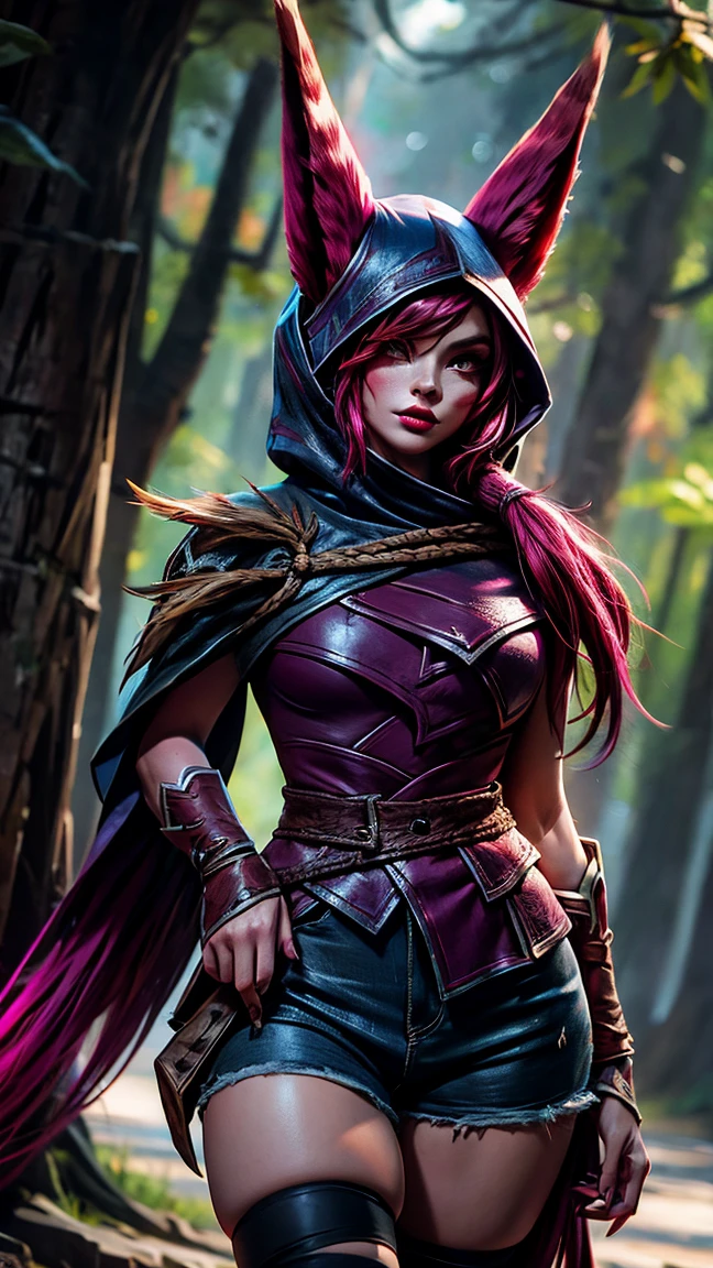 1 girl, afterimage, rote Haar, breasts, pull clothes, Animal ears, (xayah Hoodie), (xayah Cape), Cowboy-shot, contrasting sleeves, looking down at viewer, Head out of frame, xayah (League of Legends), lips, Long hair, medium breasts, alone, tight attire, tight Hose