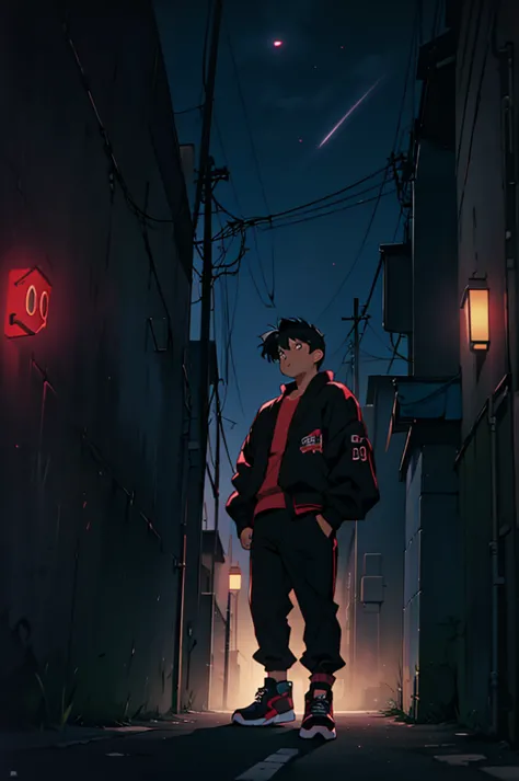 ((artwork)), ((90s anime style)), 4k, detailed, ((dark lighting)), 1 boy, asian, chubby, short black hair, wearing black jacket,...