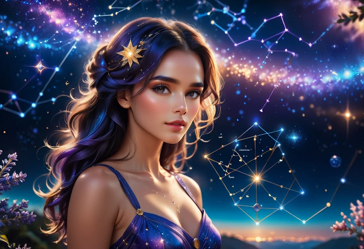 a portrait of the ((libra constellation: 1.3)) in the night sky seen by an astrologer looking at , an extraordinary beautiful woman, there is magic in her eyes divining the future from the Libra constellation, dynamic hair color, dynamic hair style, wearing an intricate lavender dress decorated with glowing stars, she looks to the night sky seeing the ((Libra constellation in the sky: 1.5)), vibrant, Ultra-high resolution, High Contrast, (masterpiece:1.5), highest quality, Best aesthetics), best details, best quality, highres, 16k, [ultra detailed], masterpiece, best quality, (extremely detailed), Cinematic Hollywood Film, magical sky, Cinematic Hollywood Film, magical sky, DonMN1gh7XL, Intense gaze